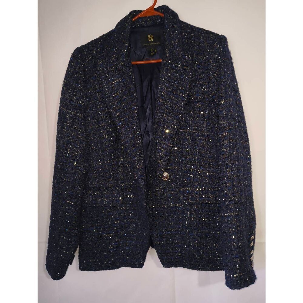 House of Harlow 1960 blue double-breasted tweed jacket shimmering metallic threa